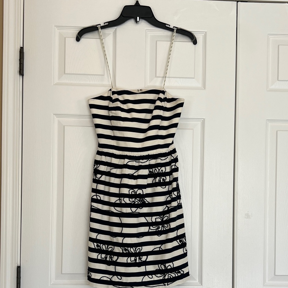 Lilly Pulitzer Black and White Payton Strapless Stripe Dress with Floral Overlay